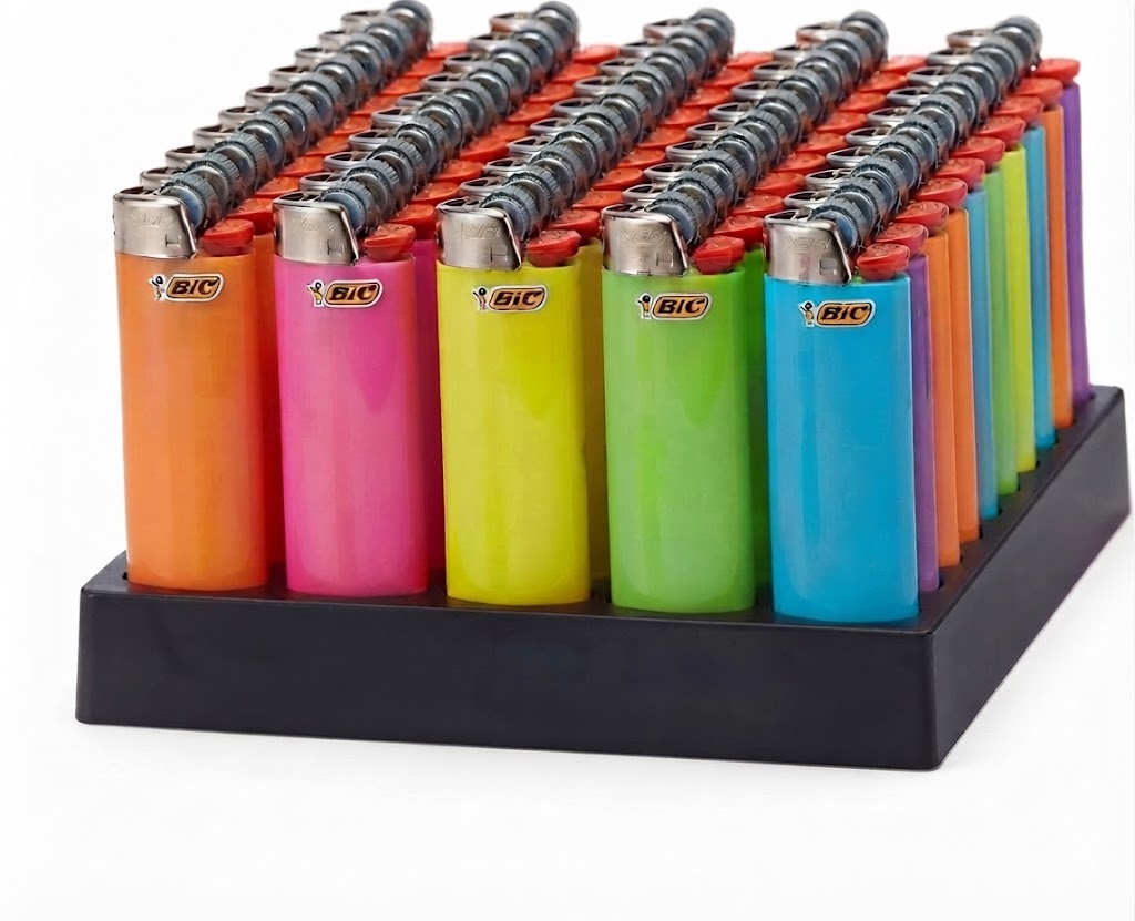 Bulk pack of 50 vibrant disposable lighters in a reusable black display tray for easy storage