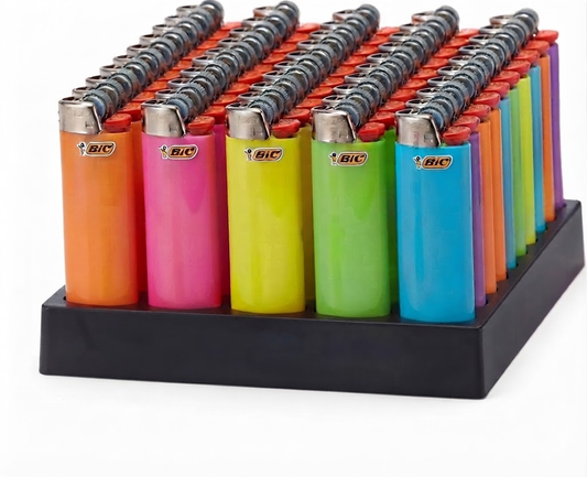 Bulk pack of 50 vibrant disposable lighters in a reusable black display tray for easy storage