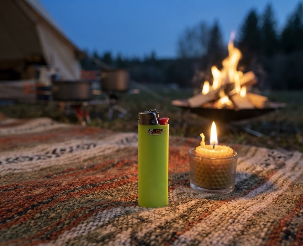 A dependable pocket lighter at dusk, effortlessly lighting your candle and igniting the perfect campfire