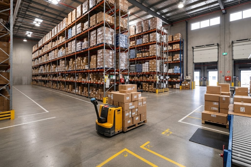ValueLighter US warehouse operations with pallet truck moving boxed inventory between tall shelving aisles, showing in-stock products ready for fast shipping.