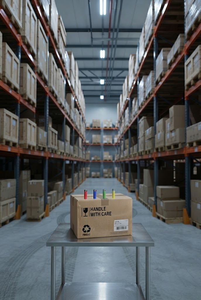 A cardboard box labeled 'Handle with Care' on a metal table in our warehouse, reflecting our commitment to careful packaging and secure shipping.